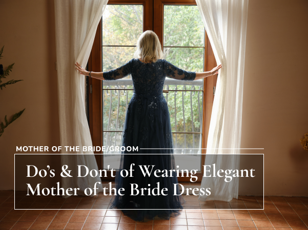 Mum in a navy dress with embellishment looking at the window